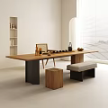 Modern Minimalist Wooden Tea Table with Black Legs and Matching Stool Bench in Bright Interior