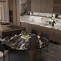 Modern Bar Area With Dark Brown Cabinetry Marble Countertop And Hanging Wine Glass Rack