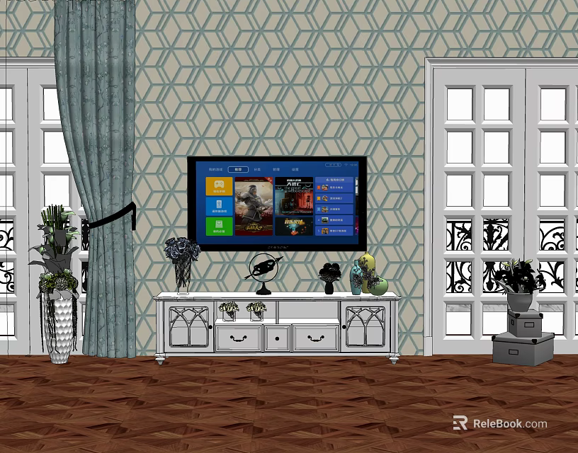 White Carved TV Stand With Drawers TV Decorations And Blue White Geometric Wallpaper By Windows 3d model 