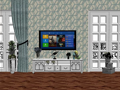 White Carved TV Stand With Drawers TV Decorations And Blue White Geometric Wallpaper By Windows 3d model