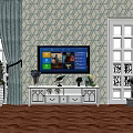 White Carved TV Stand With Drawers TV Decorations And Blue White Geometric Wallpaper By Windows