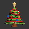 Green Layered Christmas Tree Decorated With Red Ribbons Colorful Balls And Golden Star