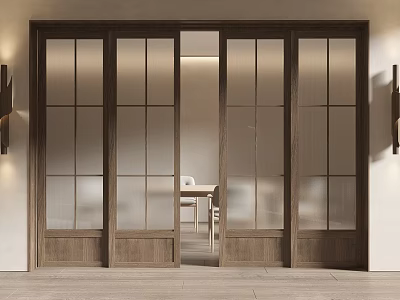 Modern Wooden Sliding Doors with Glass Panels in Interior Space Connecting Dining Area 3d model