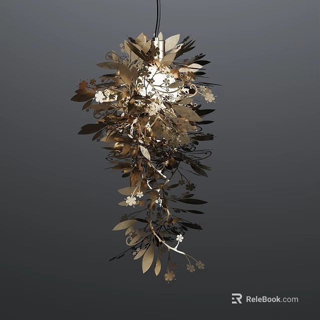 Unique Shaped Artistic Chandelier With Metallic Leaves And Floral Decorations 3d model 