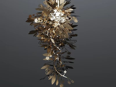 Unique Shaped Artistic Chandelier With Metallic Leaves And Floral Decorations 3d model