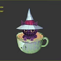 Purple Cat Wearing Wizard Hat Sitting In White Cup With Pink Heart Design