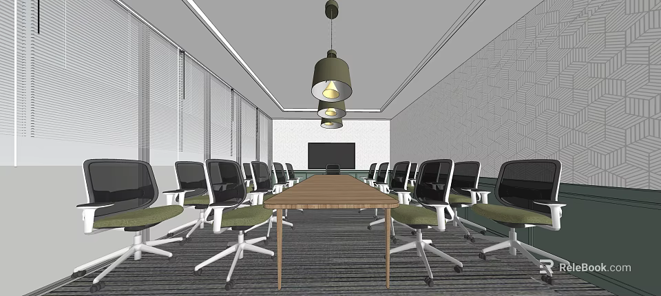 Modern Conference Room With Long Wooden Table Office Chairs Hanging Lights TV Screen Geometric Wall 3d model 