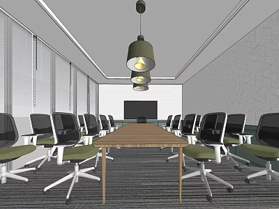 Modern Conference Room With Long Wooden Table Office Chairs Hanging Lights TV Screen Geometric Wall 3d model