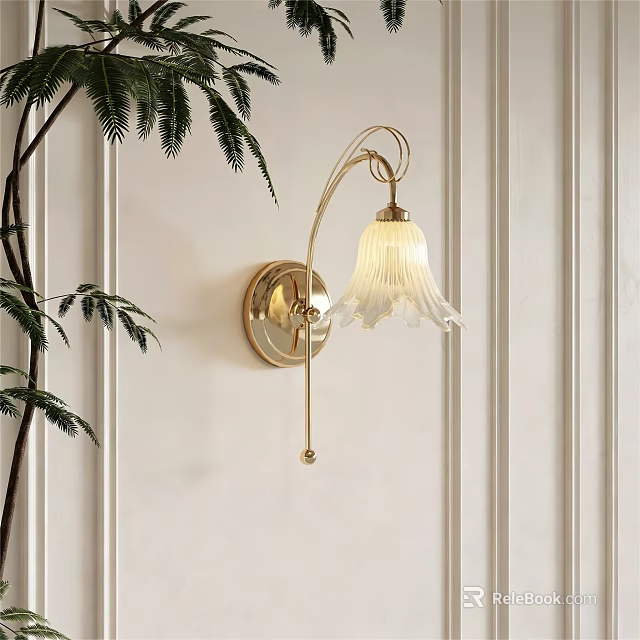 Elegant Golden Wall Lamp Featuring White Pleated Shade on Vertical Panel Wall with Green Plant 3d model 