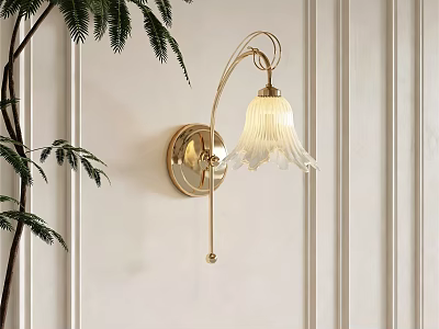 Elegant Golden Wall Lamp Featuring White Pleated Shade on Vertical Panel Wall with Green Plant 3d model