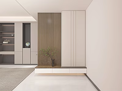 Minimalist Entryway Hallway Design With Wooden Panel Wall Built in Storage Cabinets And Small Potted Plant 3d model