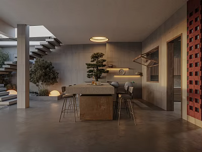 Modern Open Dining Space With Concrete Walls Wooden Island Pendant Light And Red Lattice Wall 3d model