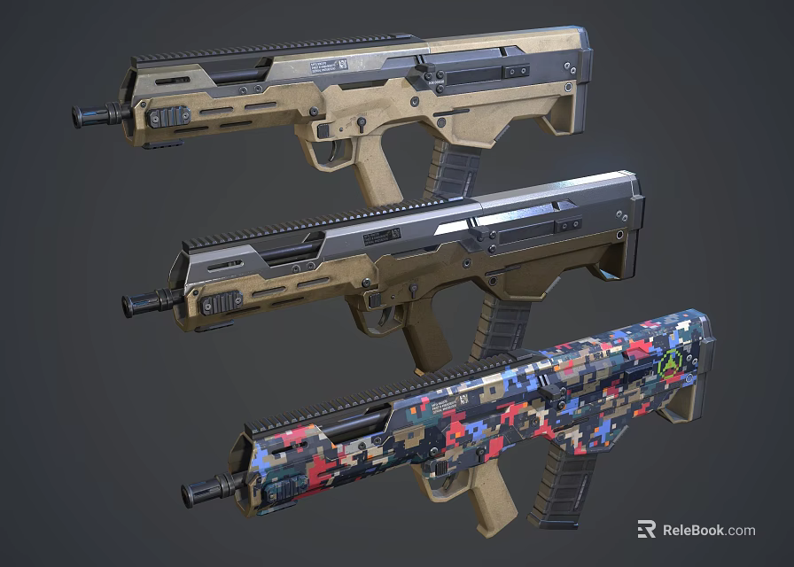 Modern Tactical Rifles With Futuristic Design Tan Black And Colorful Camouflage Patterns 3d model 