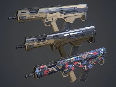 Modern Tactical Rifles With Futuristic Design Tan Black And Colorful Camouflage Patterns 3d model