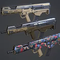 Modern Tactical Rifles With Futuristic Design Tan Black And Colorful Camouflage Patterns