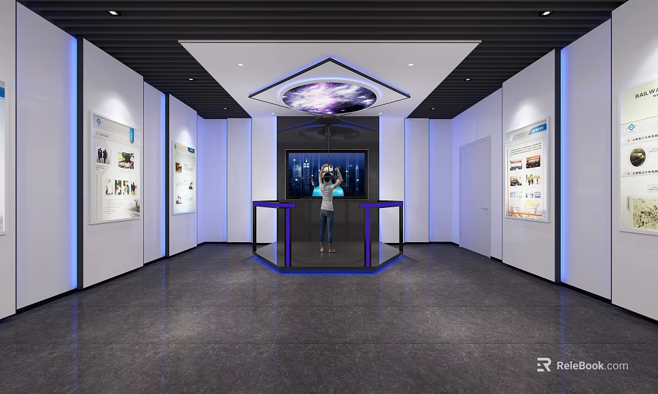 Exhibition Hall Interior With Interactive Screen Person Display Panels And Ceiling Lights 3d model 