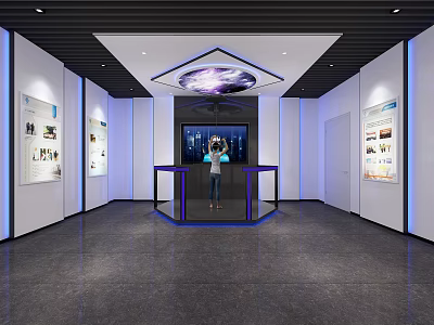Exhibition Hall Interior With Interactive Screen Person Display Panels And Ceiling Lights 3d model