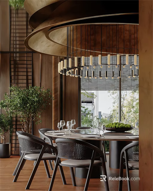 Modern Private Dining Box With Wooden Walls Chandelier Round Table Green Plants And Natural View 3d model 
