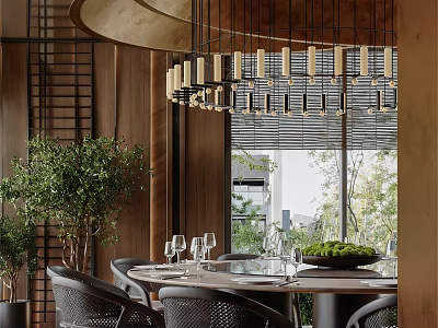 Modern Private Dining Box With Wooden Walls Chandelier Round Table Green Plants And Natural View 3d model