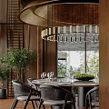 Modern Private Dining Box With Wooden Walls Chandelier Round Table Green Plants And Natural View