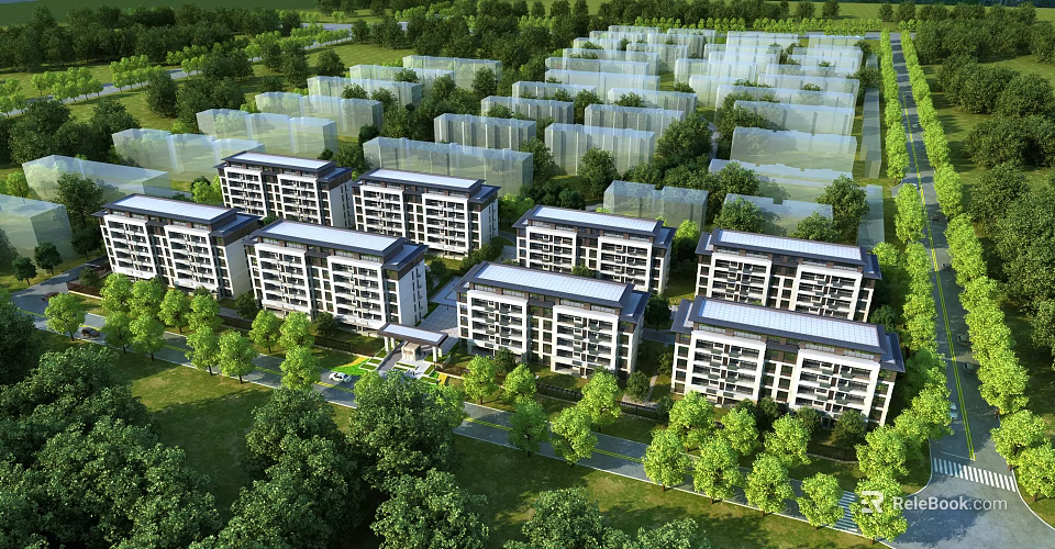 Aerial View Planning for Residential Layout With Lush Greenery and Road System 3d model 