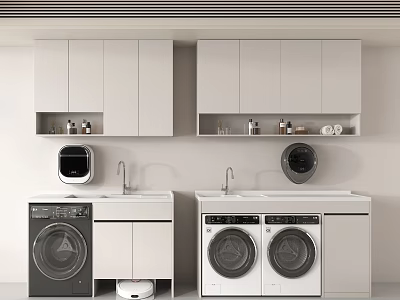 Modern Laundry Room With Washer Dryer Units And Wall Mounted Cabinets 3d model