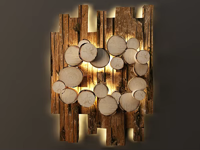Rustic Wooden Wall Decor With Circular Wood Slices And Vertical Planks Plus Warm Lighting 3d model
