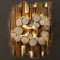 Rustic Wooden Wall Decor With Circular Wood Slices And Vertical Planks Plus Warm Lighting