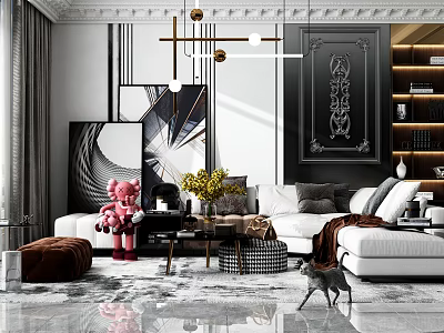 Modern Sofa and Coffee Table Set in Living Room with Pillows Vase and Artwork 3d model