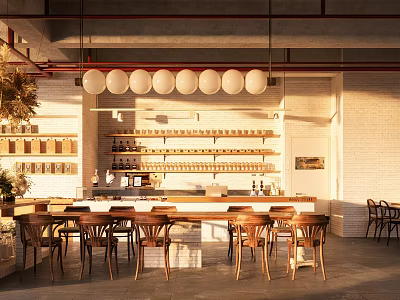Bright Dessert Shop Interior With Wooden Tables Chairs And Hanging Spherical Lights 3d model