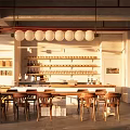 Bright Dessert Shop Interior With Wooden Tables Chairs And Hanging Spherical Lights