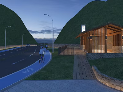 Scenic Rural Rest Station With Wooden Structure Mountain Road Bicycle Lane And Street Lamps 3d model