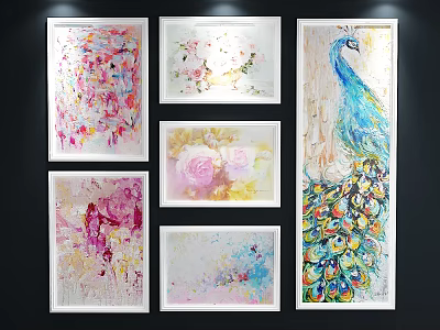 Multiple Decorative Framed Oil Paintings with Floral Art and Peacock Motifs for Wall 3d model