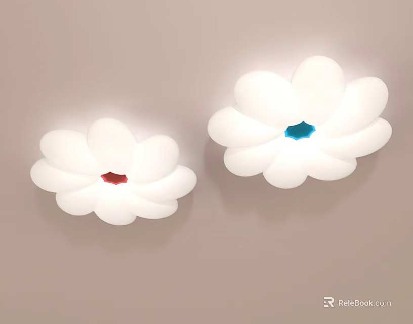 Two Flower Shaped Ceiling Lights with White Petals and Red Blue Centers 3d model