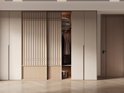 Modern Wooden Wardrobe With Lattice Front Design And Interior Hanging Storage Space 3d model