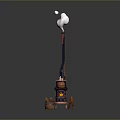 Tall Industrial Tower With White Smoke Rising And Machinery Elements At Base