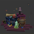 Vintage Scene Composition With Wooden Barrels Green Bottle Rolled Scroll Lit Candle And Gold Coins