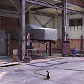 Industrial Parking Lot With Brick Walls Metal Stairs Barrels And Wooden Planks
