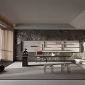 Serene Modern Tea Room Interior With Stone Feature Wall And Wooden Furniture