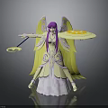 Fantasy Angelic Character With Purple Hair Yellow Wings Elegant Outfit And Staff