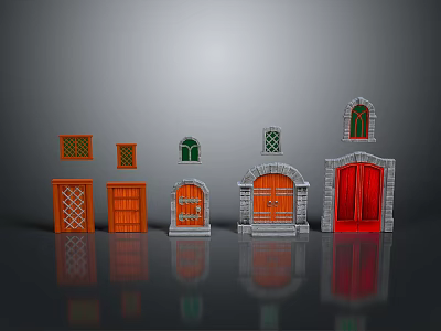 Various Styles Of Home Entrance Doors Featuring Wooden Red And Arched Designs 3d model