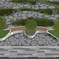 Modern Curved Landscape Seat With Green Plants Stone Paved Ground And Lighting