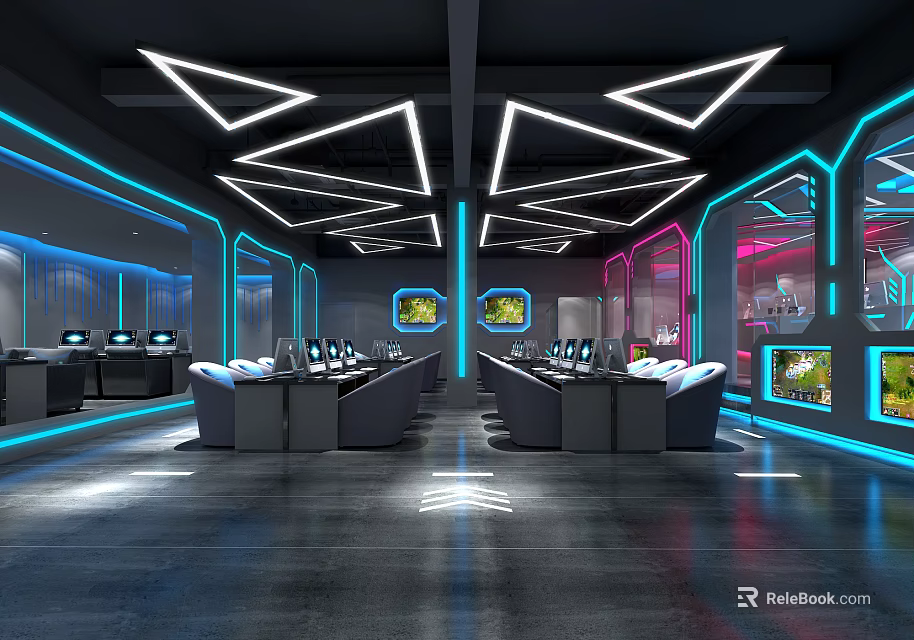 Modern Internet Cafe Interior Featuring Neon Lights Gaming PCs And Hi-Tech Seating Area 3d model