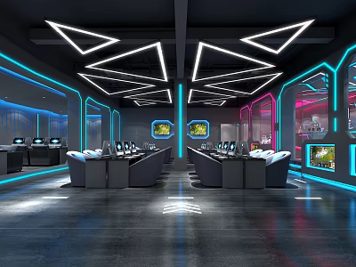 Modern Internet Cafe Interior Featuring Neon Lights Gaming PCs And Hi-Tech Seating Area 3d model