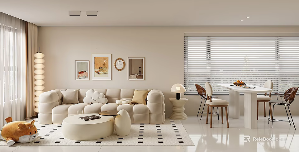 Modern Dining Living Room Interior With Cozy Sofa Dining Table And Wall Art 3d model 