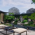 Traditional Garden Landscape Design With Chinese Architecture Stone Path And Colorful Plants
