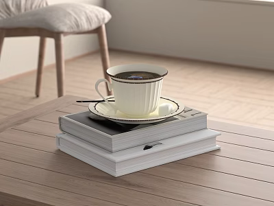White Ceramic Cup On Saucer Placed Over Stack Of Books On Wooden Table Indoor Setting 3d model