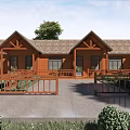 Row of Wooden Houses with Brown Roofs and Porch Railings in Green Lawn