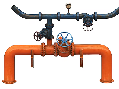 Industrial Equipment System Featuring Orange Pipes Blue Valves And Pressure Gauge 3d model