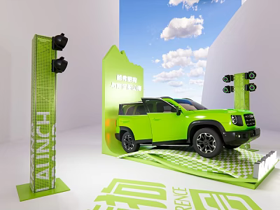 Trendy Photo Spot Featuring Green SUV On Display Platform With VINCH Sign Under Blue Sky 3d model
